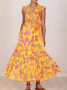 Banjanan Constance Golden Maxi Dress 100% Cotton Pockets Lined Ruffle Frills XL